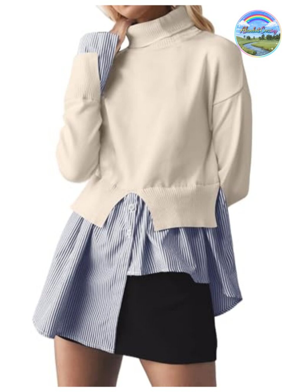 Womens 2-in-1 Button Down Slit Turtleneck Patchwork Sweater Asymmetrical Hem